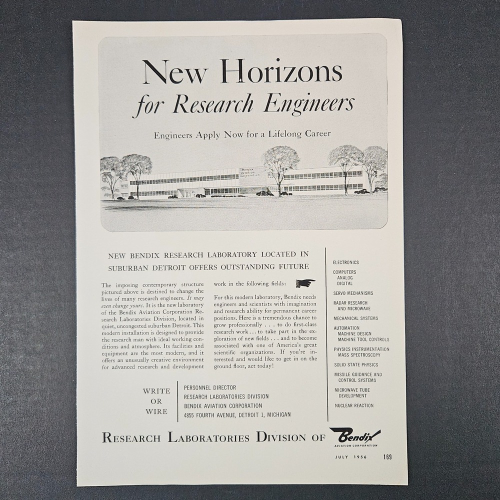 1956 Bendix Aviation Research Laboratories Vintage Print Ad‎ Hiring Engineers